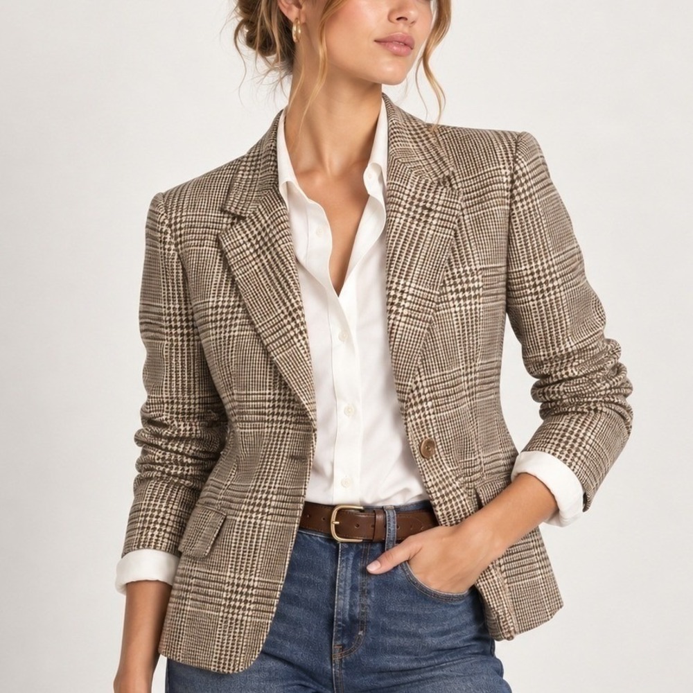 Lauren Ralph Lauren Blazer Women 12P Tan Glen Plaid Linen Old Money Preppy READ